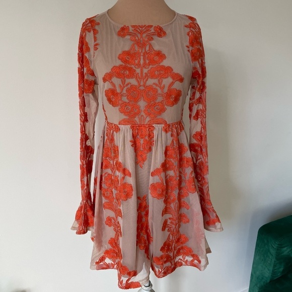 For Love & Lemons x Free People Temecula Long Sleeve Orange Floral Mini Dress XS - Picture 3 of 11